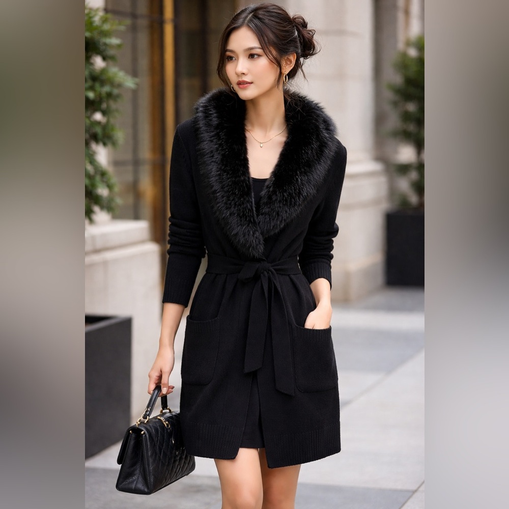 Banana Republic Black Knit Cardigan with Faux Fur Collar